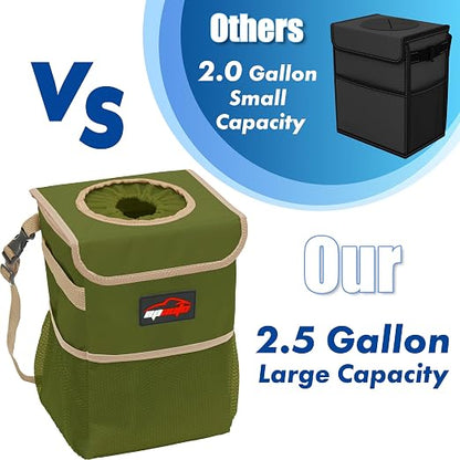 EPAuto Waterproof Car Trash Can with Lid and Storage Pockets, 2.5 Gallon Leakproof, Green