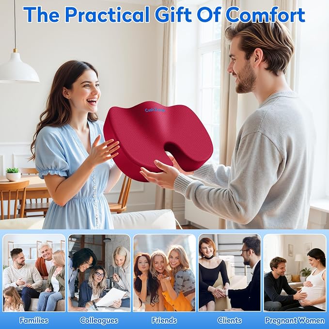 CushZone Seat Cushion, Office Chair Cushions, Car Seat Cushion, Non-Slip Sciatica & Back Coccyx Tailbone Pain Relief Chair Pad, Memory Foam (Large,Red)