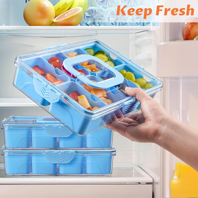 Snackle Box Container, Dishwasher Safety - Divided Serving Tray with Lid and Handle, Charcuterie Board for Portable Snack Platters - Organizer for Fruits Snacks - Perfect for Road Travel - Light blue