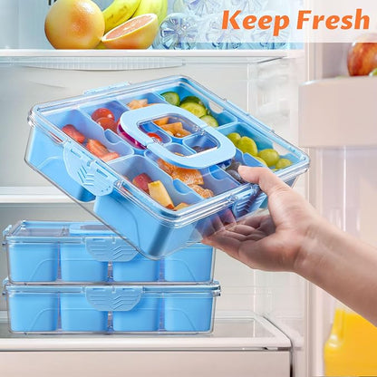 Snackle Box Container, Dishwasher Safety - Divided Serving Tray with Lid and Handle, Charcuterie Board for Portable Snack Platters - Organizer for Fruits Snacks - Perfect for Road Travel - Light blue