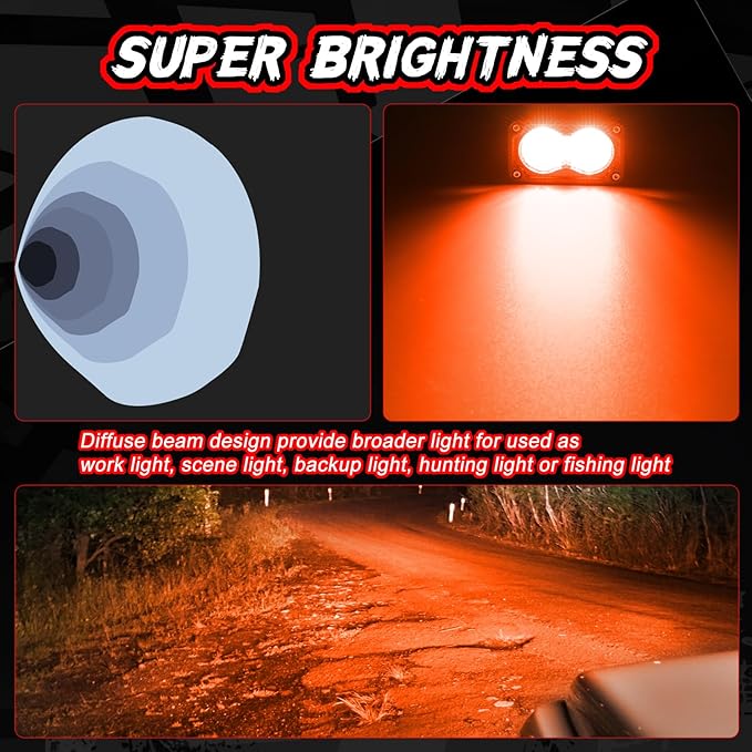 3 Inch LED Pod Lights Red 2PCS Off Road Auxiliary Backup Cube Light Fog Driving Rear Chase Light Bar Red Hunting Fishing Emergency Safety Signal Work Lights for Truck UTV Pickup Boat