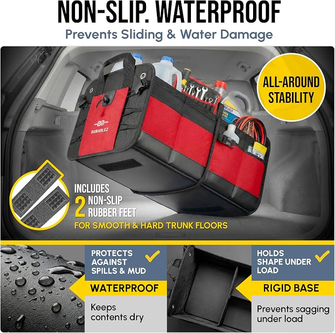 XL Trunk Organizer 4-Section Modular System – Extra Large Car Cargo Storage, Foldable Multi-Compartment Bin for Groceries, Gear & Travel – High-Density Structure – Red