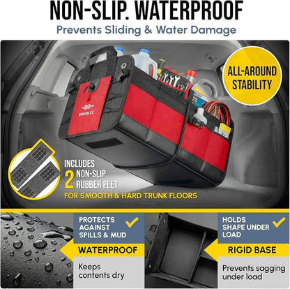 XL Trunk Organizer 4-Section Modular System – Extra Large Car Cargo Storage, Foldable Multi-Compartment Bin for Groceries, Gear & Travel – High-Density Structure – Red
