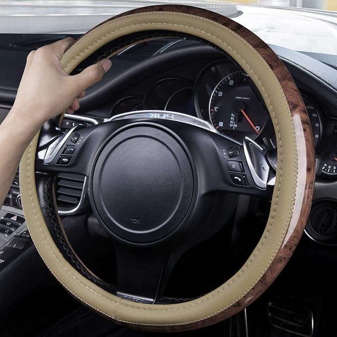 CAR PASS Wood Grain 14.5-15 inch Microfiber Leather Steering Wheel Cover, Anti-Slip Veins Design Steering Wheel Universal Fit for Most Cars, Sedans, SUV， Beige