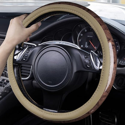 CAR PASS Wood Grain 14.5-15 inch Microfiber Leather Steering Wheel Cover, Anti-Slip Veins Design Steering Wheel Universal Fit for Most Cars, Sedans, SUV， Beige