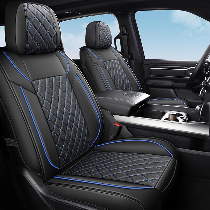 FREESOO Seat Covers for Dodge Ram 2019-2026 Ram 1500 Crew Quad Regular Cab 2011-2026 2500 3500 Mega Cab Bighorn Longhorn Laramie Tradesman, with Flat Bench, Black Blue