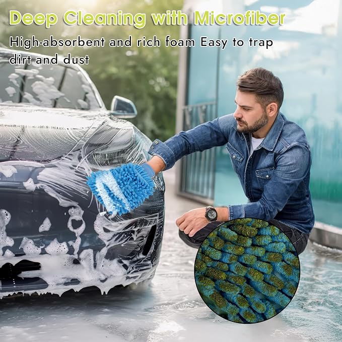 3 Pack Chenille Microfiber Car Wash Mitt, 7" x 9.6" Car Washing Mitts, Home Dusting Gloves, Scratch Free Lint-Free, Highly Absorbent, Double Sided, for Cleaning Detailing Polish (Blue)