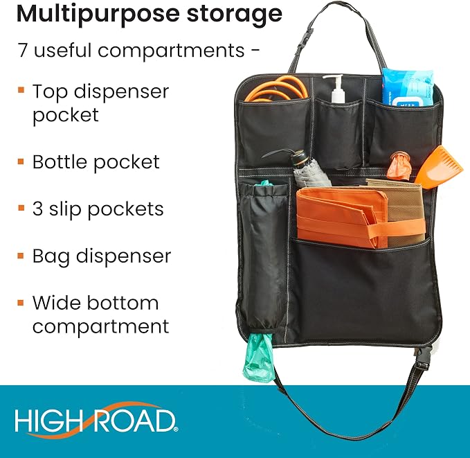 High Road BackPockets Seat Back Organizer - Back of Seat Organizer and Seat Protector with 7 Storage Pockets for Cars, SUVs, Work Trucks and Vans