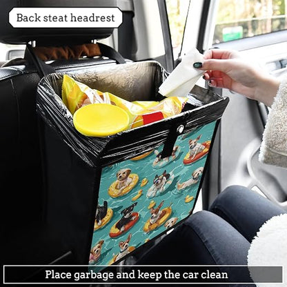 Car Trash Can Organizer Bin with Adjustable Strap for Back Front Seat Console Waterproof Leakproof Collapsible Portable 11 Inch Teal Swimming Pool Dogs and Ducks