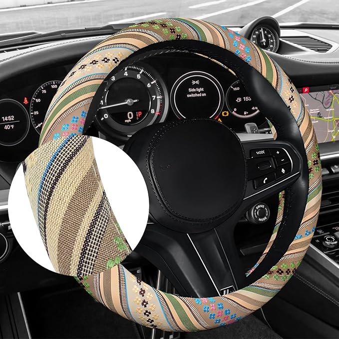 Boho Car Steering Wheel Cover, Ethnic Style Anti-Slip Coarse Flax Cloth Auto Wheel Cover, Bohemian Steering Wheel Protector for Most SUVs Vans Trucks, Car Accessories (Style G)