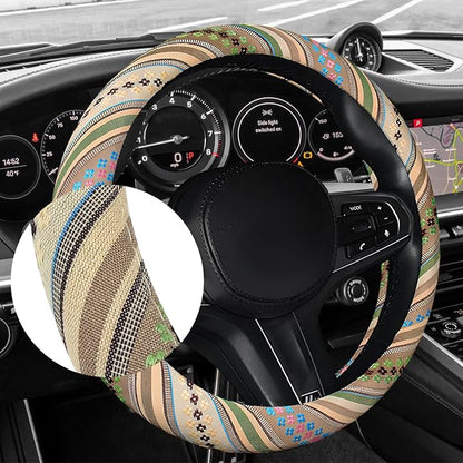 Boho Car Steering Wheel Cover, Ethnic Style Anti-Slip Coarse Flax Cloth Auto Wheel Cover, Bohemian Steering Wheel Protector for Most SUVs Vans Trucks, Car Accessories (Style G)