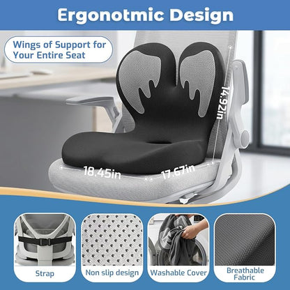 Memory Foam Seat Cushion,Orthopedic Ergonomic Seat Cushions for Tailbone,Sciatica, and Back Pressure Relief,L-Shaped Design & Adjustable Strap,Lumbar Support Pillow for Office,Car,Desk Chair