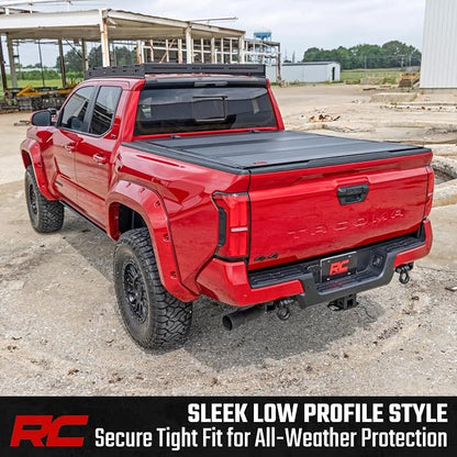 Rough Country Hard Tri-Fold Flip Up Tonneau Cover for Toyota Tacoma (2024-2026) - Flush Aluminum Bed Cover, Fits 5' Bed w/Utility Rail System