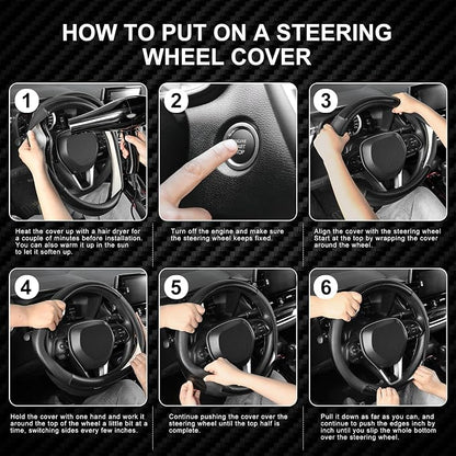 SEG Direct Car Steering Wheel Cover Standard Medium Size 14 1/2-15 inch, Non-Folding Packaging, Heavy Duty, Non-Slip, Black Microfiber Leather with Carbon Fiber Pattern