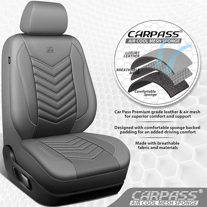 CAR PASS 3D Foam Mesh Leather seat Covers Front Seats, Grey Breathable Front Seat Cover for Cars, Comfortable Universal Fit for SUV Truck Sedan Automotive Anti-Slip Airbag Compatible, Pure Gray