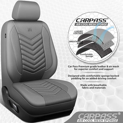 CAR PASS 3D Foam Mesh Leather seat Covers Front Seats, Grey Breathable Front Seat Cover for Cars, Comfortable Universal Fit for SUV Truck Sedan Automotive Anti-Slip Airbag Compatible, Pure Gray