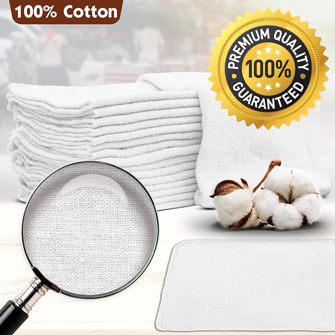 Nabob Wipers Shop Towels 50 Pack Cotton Rags Size 14"x14" Commercial Grade (50 Pack, White)