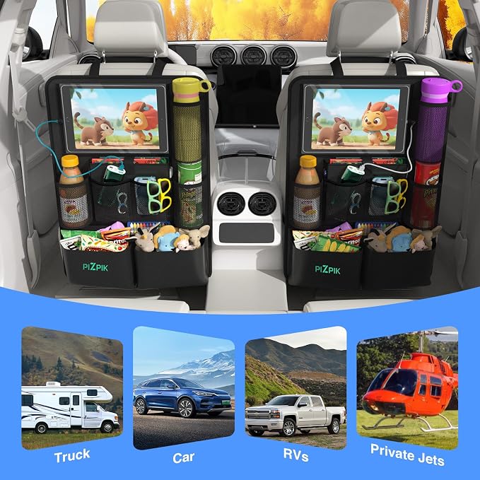 Plzpik Car Backseat Organizer with Tablet Holder,11 Storage Pockets with Foldable Food Tray, Protector Kick Mats for Kids, Travel Accessories Organizer (Black, 2-Pack)