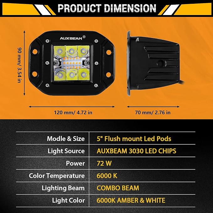 Auxbeam 5Inch LED Pod Lights, 72W Flush Mount Driving Strobe Bumper Fog Pods, 6 Modes White Amber Flashing Offroad Spot Flood Combo Light Bar with Memory Function (2 Packs)