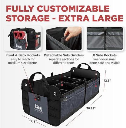 TRUNKCRATEPRO XL Heavy-Duty Trunk Organizer – Reinforced SUV & Truck Cargo Storage with 6 Adjustable Compartments, Non-Slip Base & Securing Straps (Foldable Design, Grey)