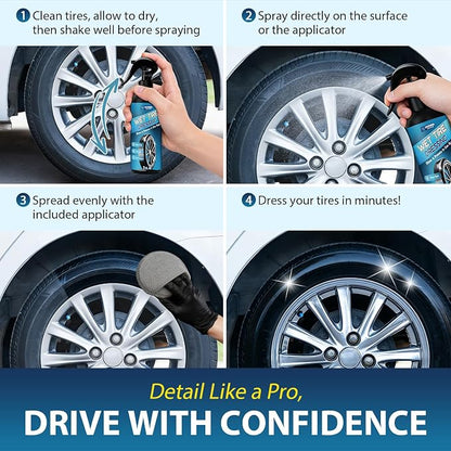 Tire Shine Spray – High Gloss Wet Look with UV Protection, Deep Black Finish for Tires & Trim, Long Lasting Car Tire Dressing for Cars Trucks SUVs Motorcycles RVs, 7oz