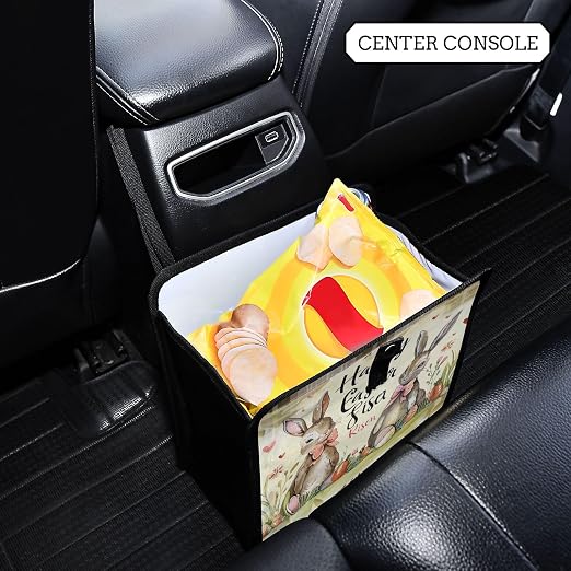 Car Trash Can Organizer Bin with Adjustable Strap for Back Front Seat Console Waterproof Leakproof Collapsible Portable 8.66 Inch Happy Easter Bunny Carrot
