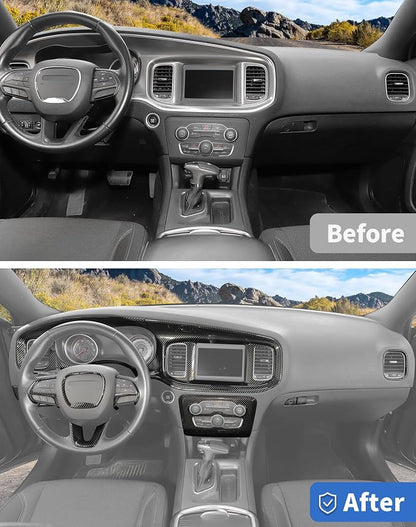 for Dodge Charger 2015+ Central Control Interior Cover Trim Kit 13pcs Carbon Fiber Central Control Dash Panel Decor Cover Trim Set Interior Accessories