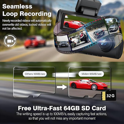 3 Channel 4K WiFi Dash Cam, 4K+1080P+1080P Front Inside and Rear, Triple Dash Camera with 32GB Card, APP Control, G-Sensor, 24 Hours Parking Mode, Loop Recording, Night Vision