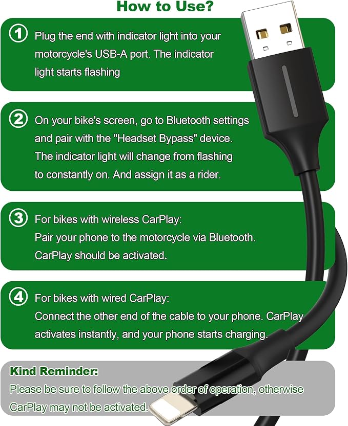 A to 8-Pin Bypass Bluetooth Headset CarPlay Cable for Motorcycle | 1.64Ft/Black,Enable CarPlay without Bluetooth Headset on Goldwing 2018-2024, 2-in-1 Support Charging