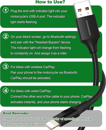 A to 8-Pin Bypass Bluetooth Headset CarPlay Cable for Motorcycle | 1.64Ft/Black,Enable CarPlay without Bluetooth Headset on Goldwing 2018-2024, 2-in-1 Support Charging