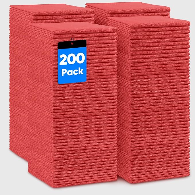 HOMEXCEL Red Microfiber Cleaning Cloths, 200 Pack Microfiber Towels for Cars, Lint Free & Scratch-Free Bulk Cleaning Rags for House, Kitchen, Car and Shop, Absorbent Cleaning Towels 11.5 x 11.5 inch