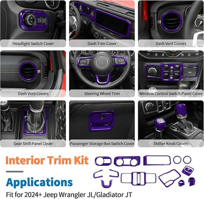 JeCar 14-Piece Purple Interior Accessories Trim Kit for 2024-2025+ Jeep Wrangler JL 4XE Gladiator JT- Center Console Dash Panel Interior Upgrade