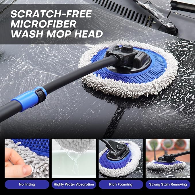 Ultimate Car Wash Brush with Long Handle | 15-Degree Curved Pole Design | Microfiber Brush Head | Adjustable Length | Wide Applications for Car, RV, Truck, Pickup | Car Wash Kit (Blue)