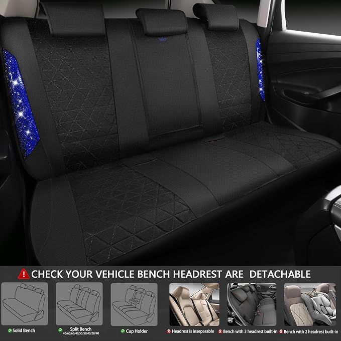 CAR PASS Oxford Bling Diamond Car Seat Covers Full Set Interior Sets, Waterproof Shining Glitter Sparkly Crystal Universal Armrest Fit 95% Automotive Truck SUV Cute Women Girl, Black Blue Rhinestone