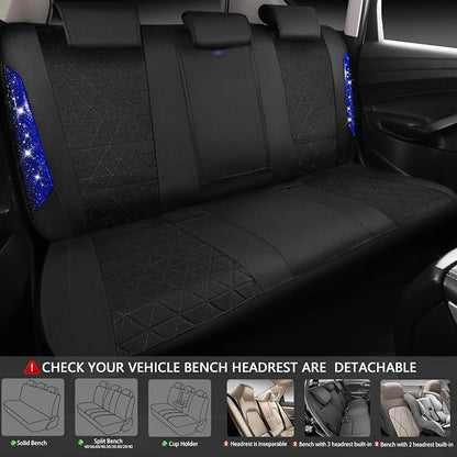 CAR PASS Oxford Bling Diamond Car Seat Covers Full Set Interior Sets, Waterproof Shining Glitter Sparkly Crystal Universal Armrest Fit 95% Automotive Truck SUV Cute Women Girl, Black Blue Rhinestone