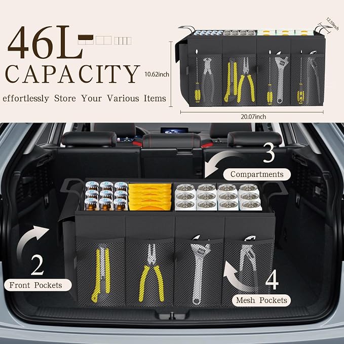 Beicarin Car Trunk Organizer Storage Box - Collapsible Car Boot Organizer Tidy Cargo Storage Box Accessories for SUV, MPV, Van, Size M, Black