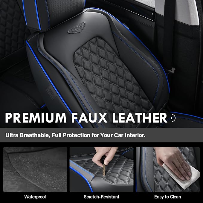 Coverado Full Set Car Seat Covers, Front & Back Luxury Faux Leather Waterproof Seat Covers,Car Seat Protectors, Universal Fit for Most Vehicles-Black & Blue