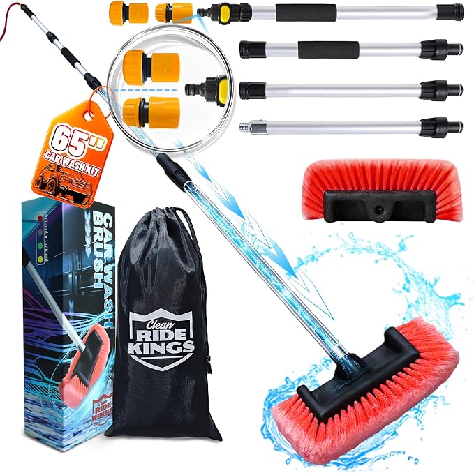 65 Inch Car Wash Brush with Long Handle, Universal Garden Hose Adapter Included, Flow-Thru Extension Pole for Truck RV Camper Roof, Soft Bristle Aluminum Cleaning Tool, Red