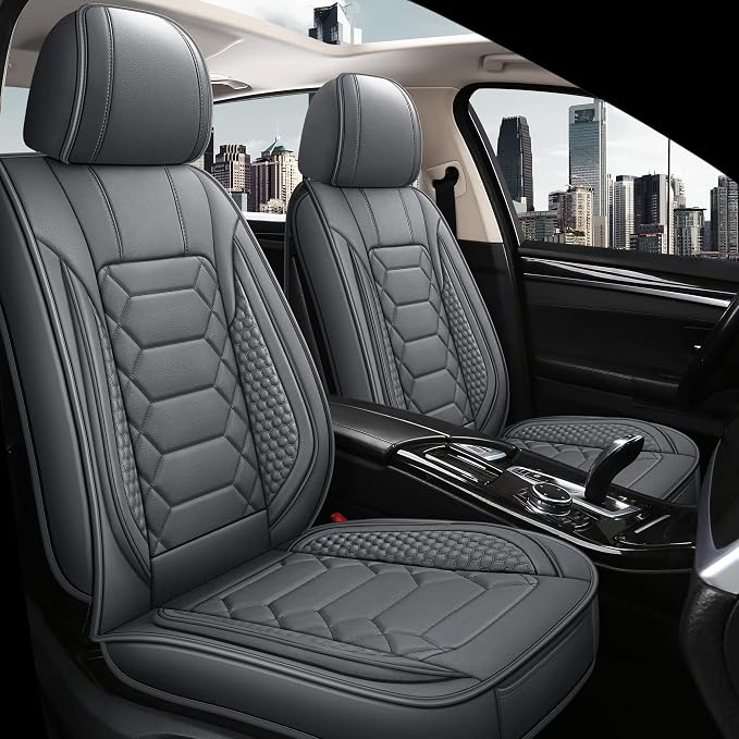 HAIYAOTIMES Leather Car Seat Covers Front Set, Waterproof Faux Leather Seat Covers for Cars, Non-Slip Car Interior Covers Universal Fit for Most Cars Sedans Trucks SUVs, Gray
