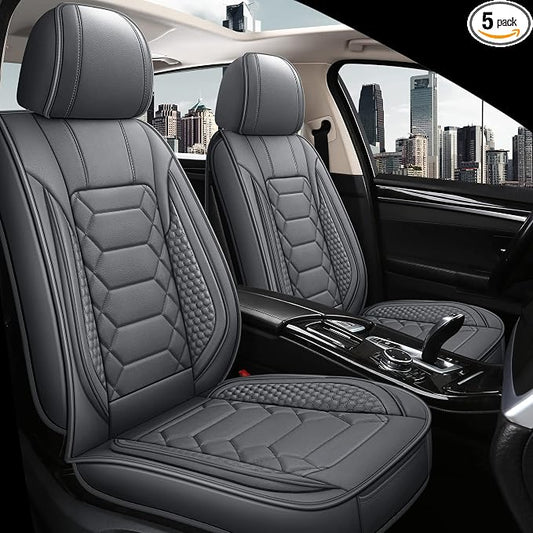 HAIYAOTIMES Leather Car Seat Covers Full Set, Waterproof Faux Leather Seat Covers for Cars, Non-Slip Car Interior Covers Universal Fit for Most Cars Sedans Trucks SUVs, Gray