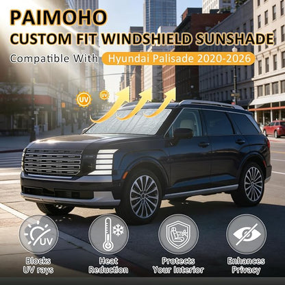 Thickened Windshield Sun Shade for Hyundai Palisade 2020-2026 | Accordion Front Window Sunshade Aluminum Reflective UV Protection Shield, Foldable Sun Visor with Storage Bag Car accessories