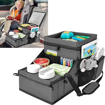 COOLBEBE Car Seat Organizer, Backseat Car Organizer with Cup Holders for Kids and Adults Travel, Cooler Compartment Passenger Seat Organizer Storage Box for Front or Middle Seat, Grey