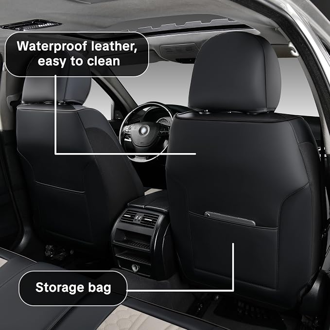 Car Seat Cover Set, Interior Accessories, Black and Gray, Waterproof Leather, With Lumbar Support, Airbag Compatible, Non-slip, 5-Piece Full Set, Pet-Friendly Car Seat Covers, Fits Most Vehicle Models