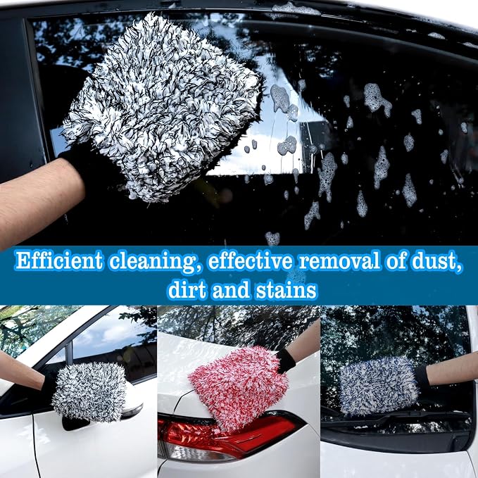 Microfiber Car Wash Mitt - 3 Pack Scratch Free Mitts with Blue, Red and Black, Machine Washable, Lint Free, 10 Inch X 8 Inch Glove
