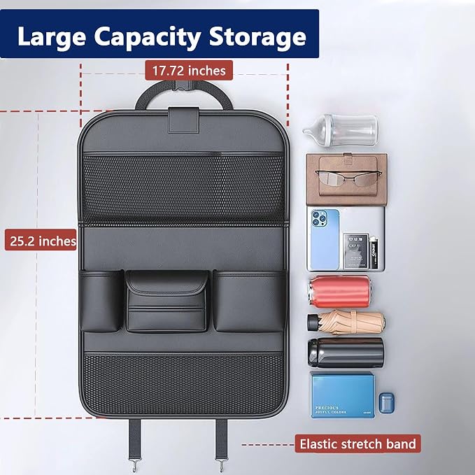 Car Backseat Organizer with Tray – Back of Car Seat Organizer & Storage Caddy, Sturdy Back Seat Organizer with Touch Screen for Tablet, Snacks, Drinks, Tissues... | Waterproof, Universal Fit | 1 Pack