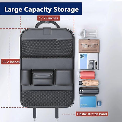 2-Pack Backseat Car Organizer with Tray – 21"x17" Premium PU Leather Kick Mats with Tray, Hanging Car Seat Back Protector & Storage for Tablet, Snacks, Diapers – Universal Fit for SUV, Truck (Black)