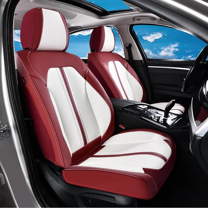 Huidasource Car Seat Cover, Luxury Faux Leather Seat Covers for Cars, Velcro Adjustable, with Airbags, Child Seat, Perforation Cooling＆Heating, Universal Fit for Most Cars Vans Trucks SUVs, Red＆White