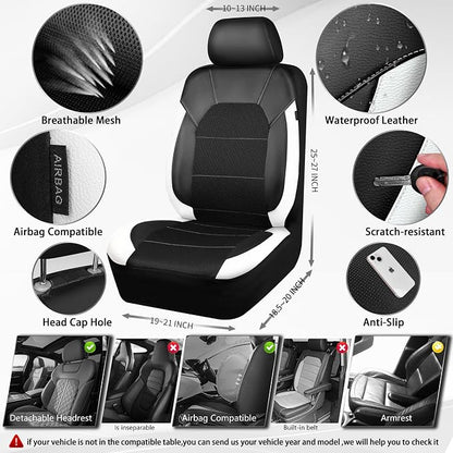 CAR PASS Universal Leather Car Seat Covers Full Set with Sporty Design, Breathable All Season Easy to Clean Anti-slip Wear-Resistant Automotive Seat Covers Fit for Most Cars, SUVs, Trucks, Black White