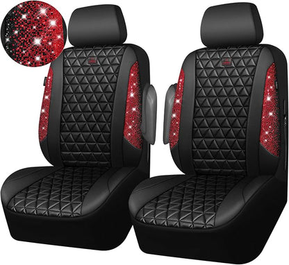 CAR PASS Bling Diamond Black Leather Car Seat Covers for 2 Front Interior Sets, Waterproof Shining Glitter Sparkly Crystal Universal Armrest Fit Automotive Truck SUV Cute Women Girl, Red Rhinestone