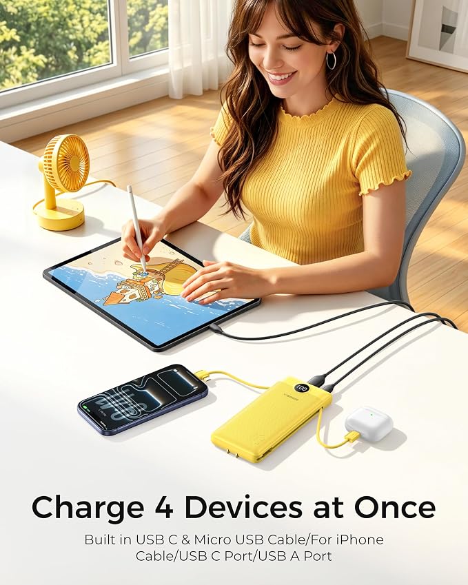 VEGER Portable Charger Power Bank with Built-in AC Plug and Cables, All in One 10000mAh Ultra Slim Travel Essentials, Fast Charging Battery Pack Compatible with iPhone, Samsung, Android, Yellow